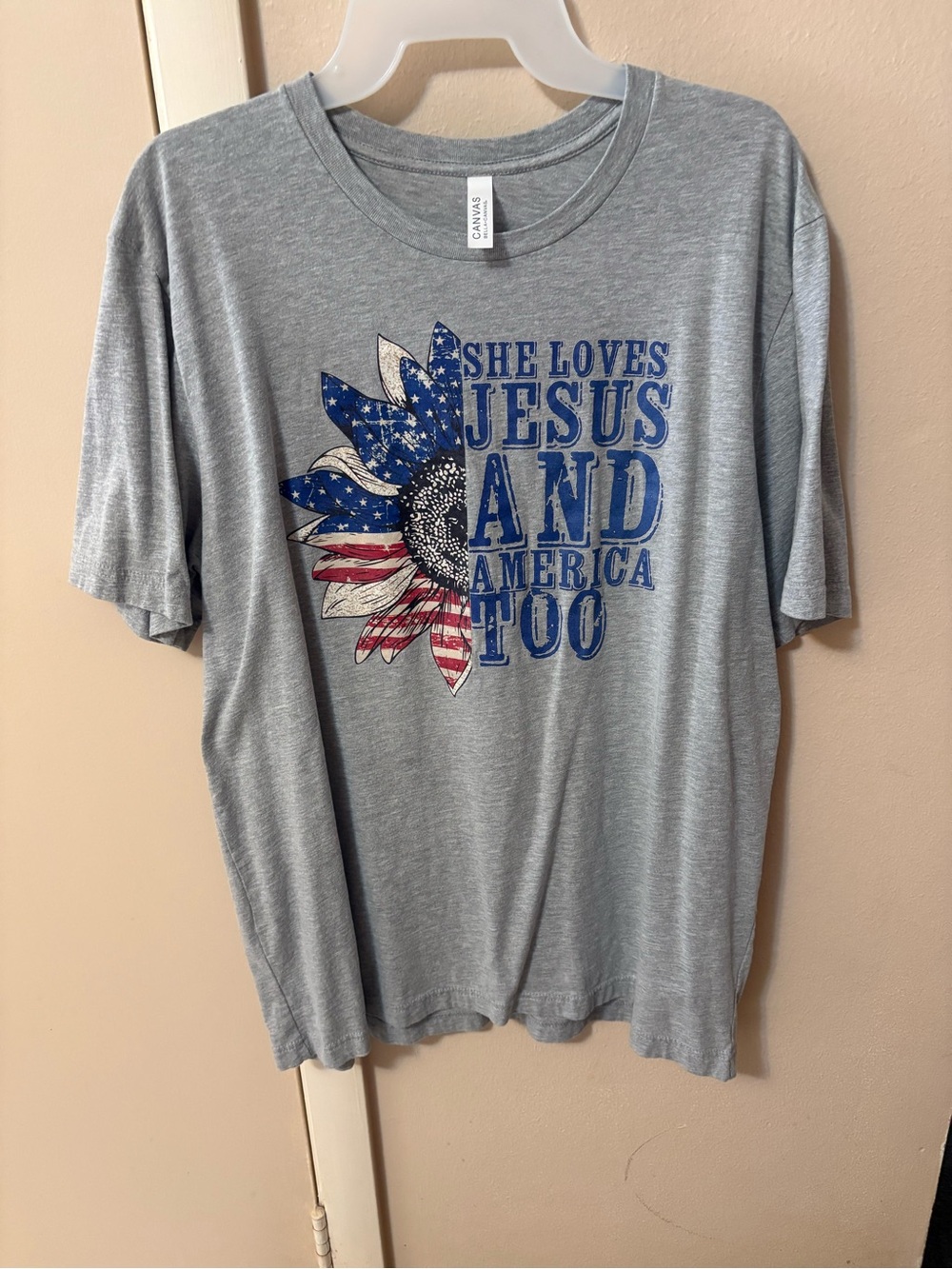 Bell-a-Canvas Tee. She loves Jesus and America Too Red white & Blue Sz XL